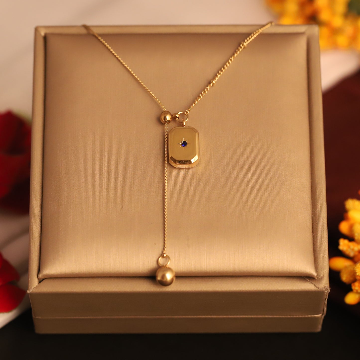 Subtle Blue Stone with Sleek Rectangular Pendant Necklace - ZIPPORY