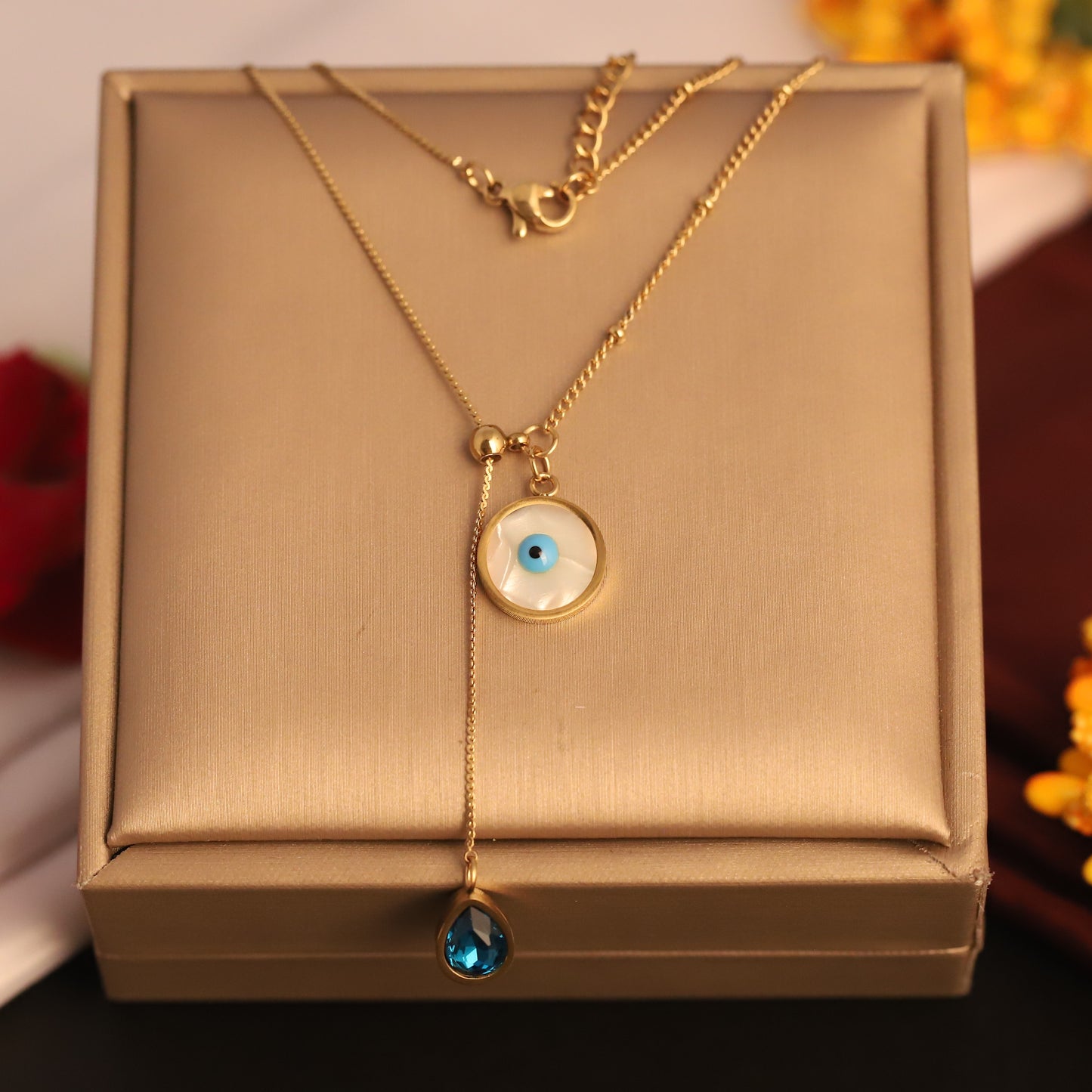 Evil Eye and Blue Gem Pendant Necklace - ZIPPORY