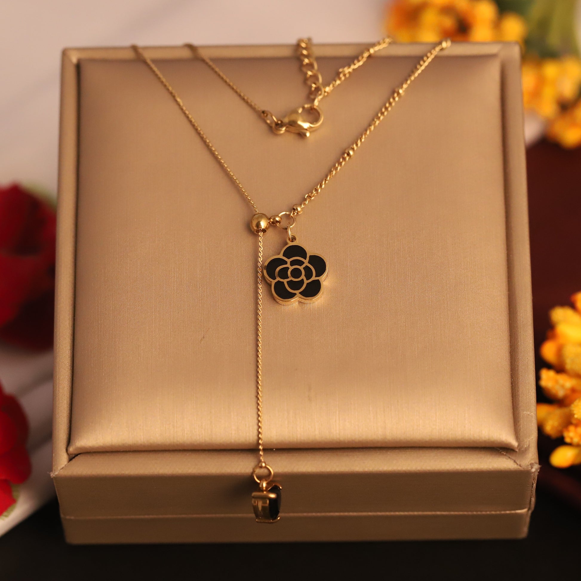 Black Enamel Floral Pendant Necklace - ZIPPORY