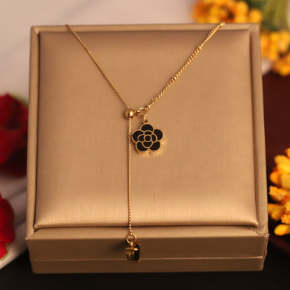 Black Enamel Floral Pendant Necklace - ZIPPORY