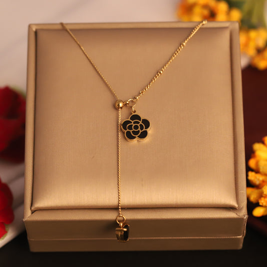Black Enamel Floral Pendant Necklace - ZIPPORY