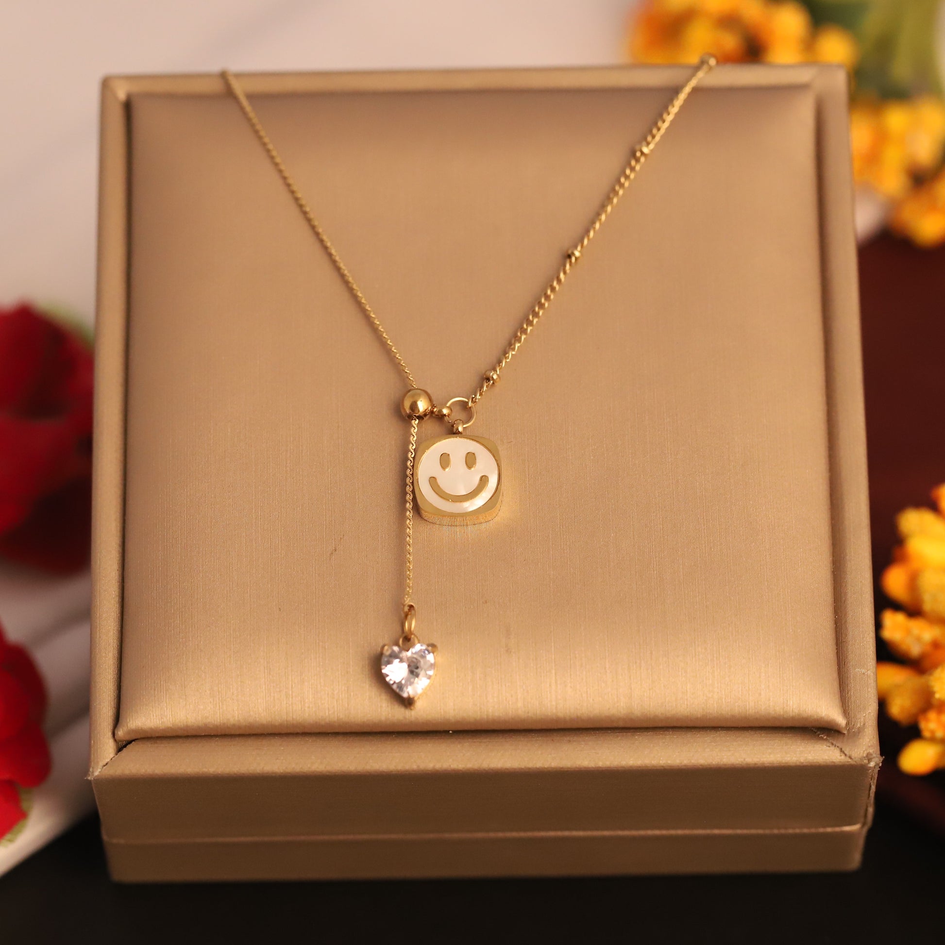 Golden Glow Smiley Charm Pendant  Necklace – Love Drop - ZIPPORY