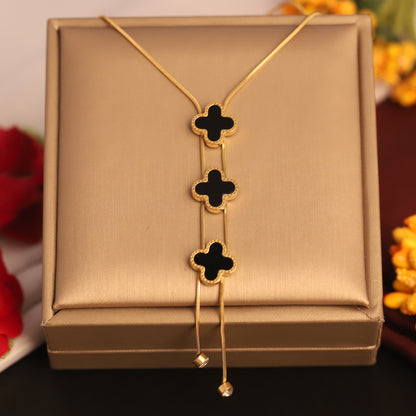 Noir Bloom Trinity Lariat – Gold-Plated Black Clover Necklace - ZIPPORY