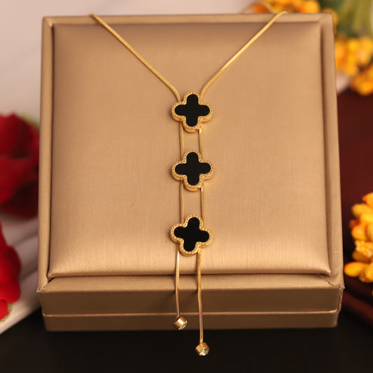 Noir Bloom Trinity Lariat – Gold-Plated Black Clover Necklace - ZIPPORY
