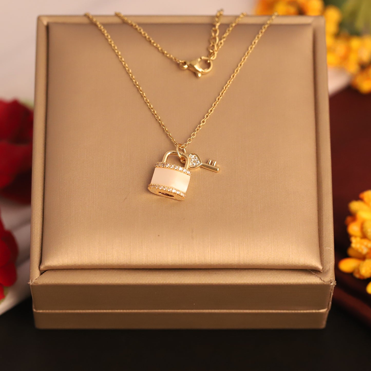 Elegant Gold-Tone Padlock and Key Pendant Necklace - ZIPPORY