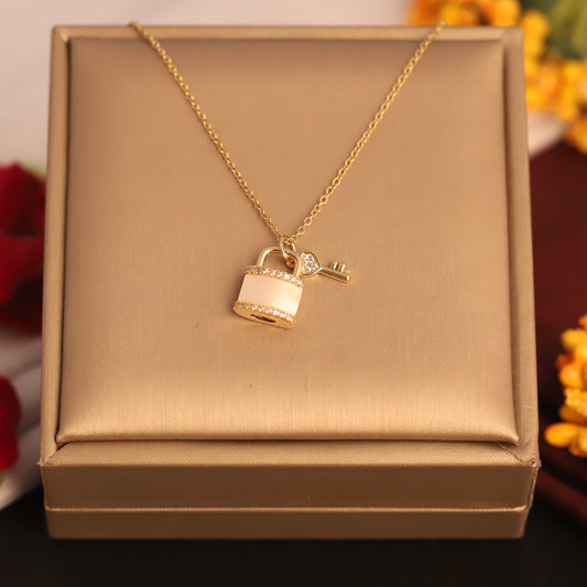 Elegant Gold-Tone Padlock and Key Pendant Necklace - ZIPPORY