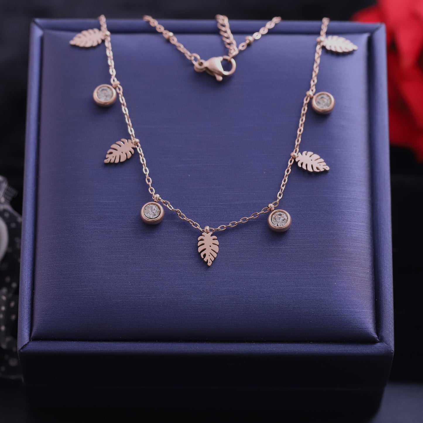 Rose Gold Plated Leaf Charm Necklace - ZIPPORY