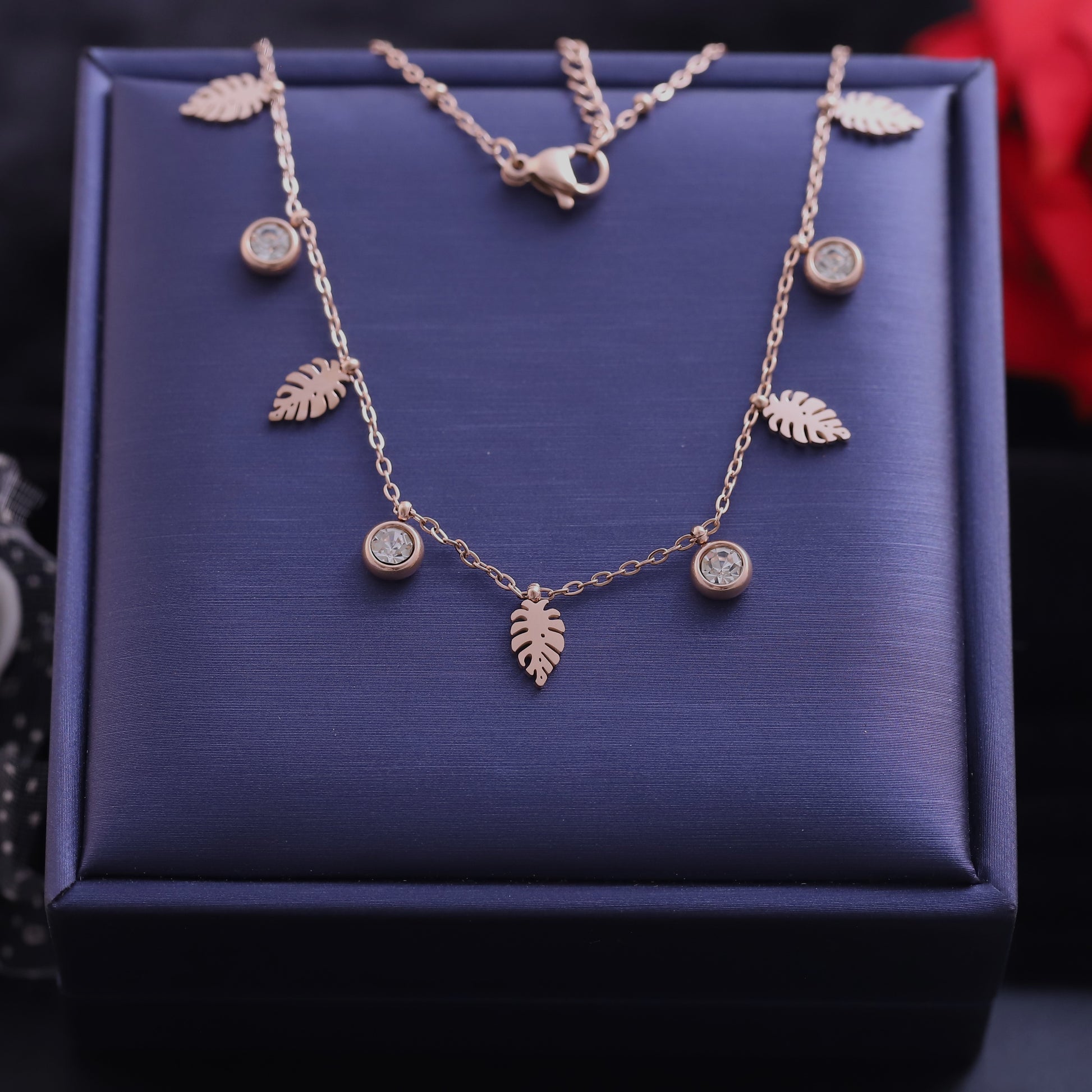 Rose Gold Plated Leaf Charm Necklace - ZIPPORY