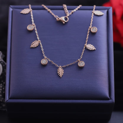 Rose Gold Plated Leaf Charm Necklace - ZIPPORY
