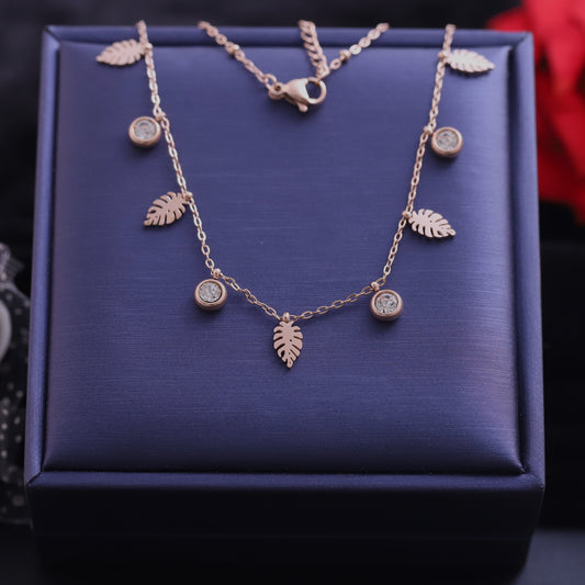 Rose Gold Plated Leaf Charm Necklace - ZIPPORY