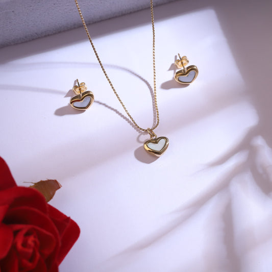 Elegant White Heart Enamel Pendant Necklace Set- 22K Gold Plated - ZIPPORY