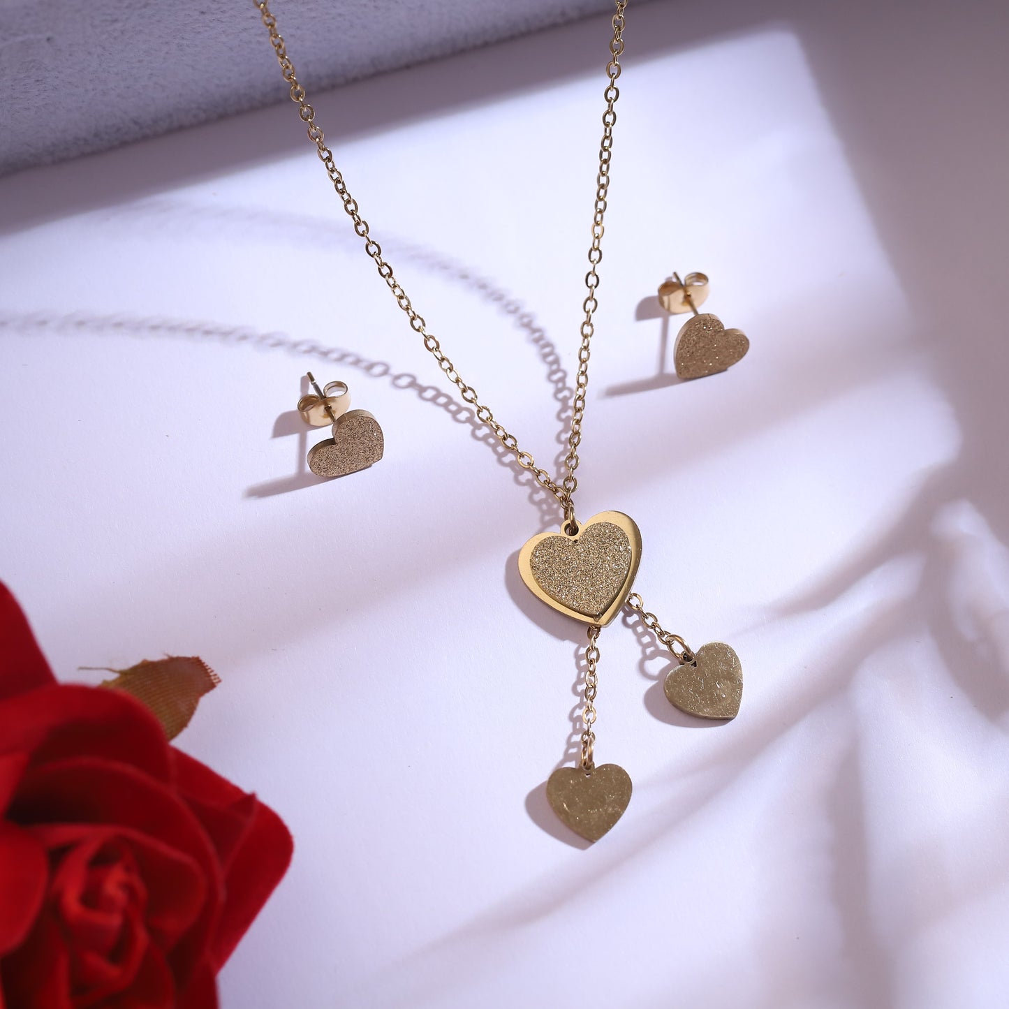 Dainty Gold Heart Jewelry Set - Necklace & Stud Earrings - ZIPPORY