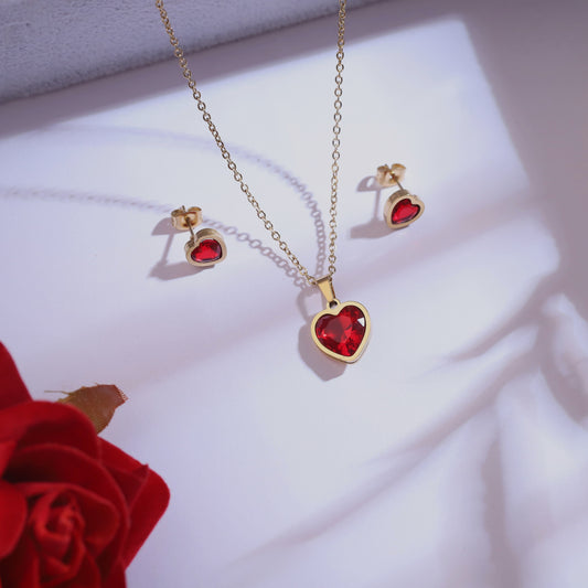 Romantic Red Heart Necklace Jewelry Set-22K Gold Plated - ZIPPORY