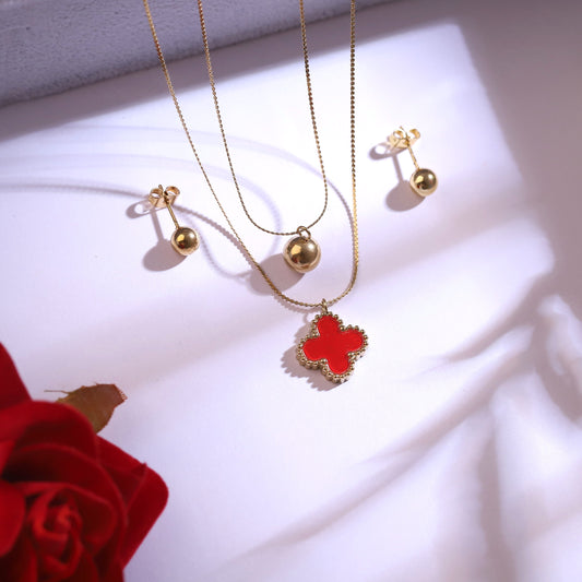 Red Clover Layered Necklace Jewelry Set - 22K Gold Plated - ZIPPORY