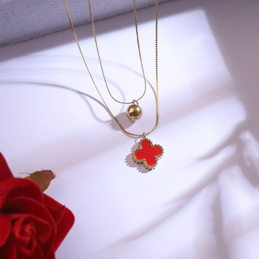 Red Clover Layered Necklace Jewelry Set - 22K Gold Plated - ZIPPORY