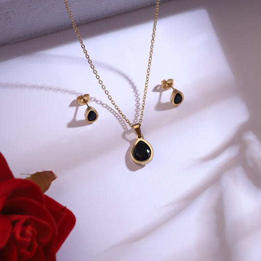 Elegant 22K Gold-Plated Black Gem Teardrop Jewelry Necklace Set