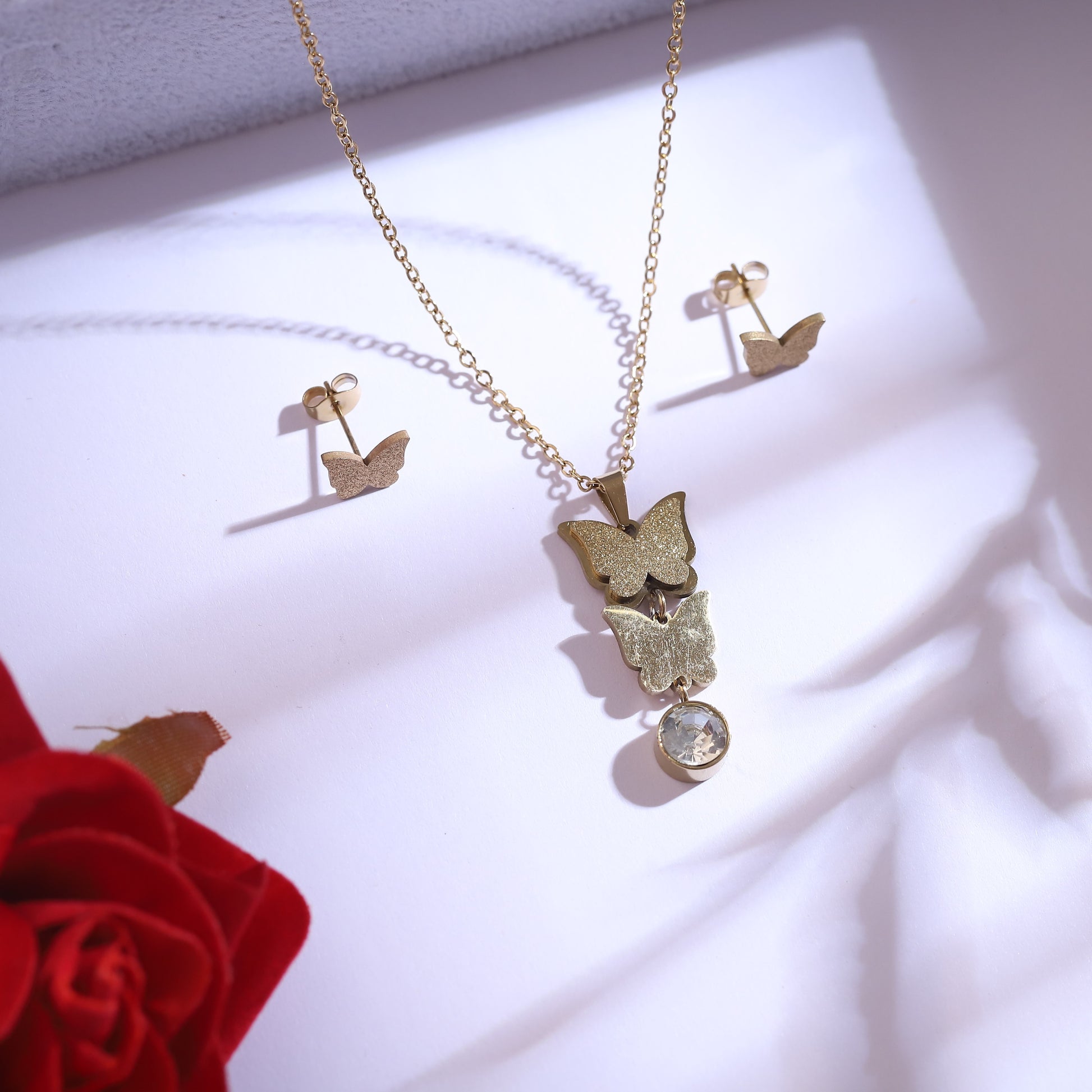 Golden Butterfly Necklace Jewelry Set – 22K Gold-Plated - ZIPPORY