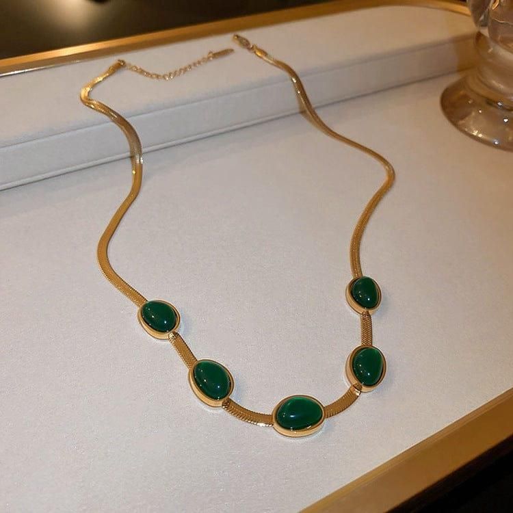 Oval Green Crystal Pendant Necklace Set With Bracelet - ZIPPORY