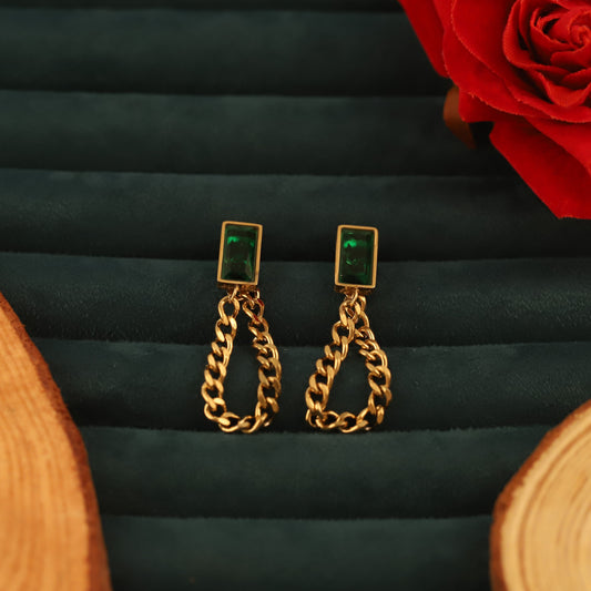 Classic Emerald Rectangle Chain Earrings - ZIPPORY