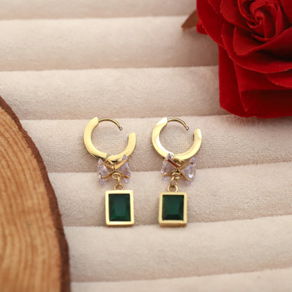 Crystal Green Emerald Rectangle Dangle Earrings - ZIPPORY