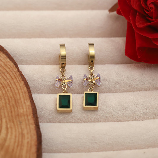 Crystal Green Emerald Rectangle Dangle Earrings - ZIPPORY