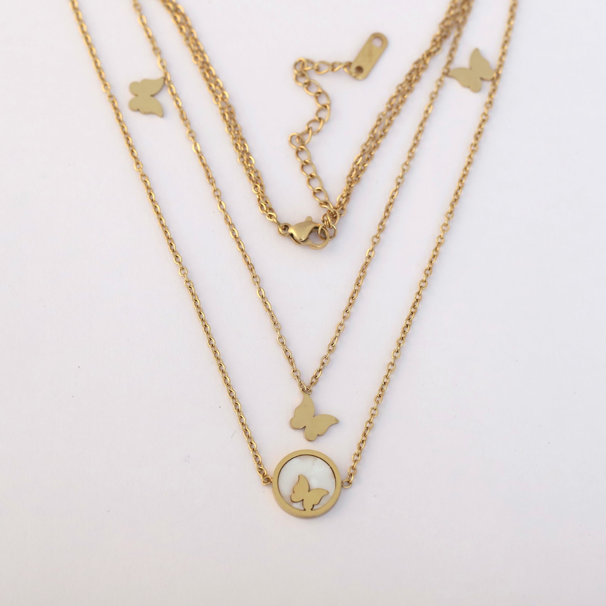 Elegant Gold Plated Butterfly Pendant Necklace – Layered Dual Chain Design - ZIPPORY