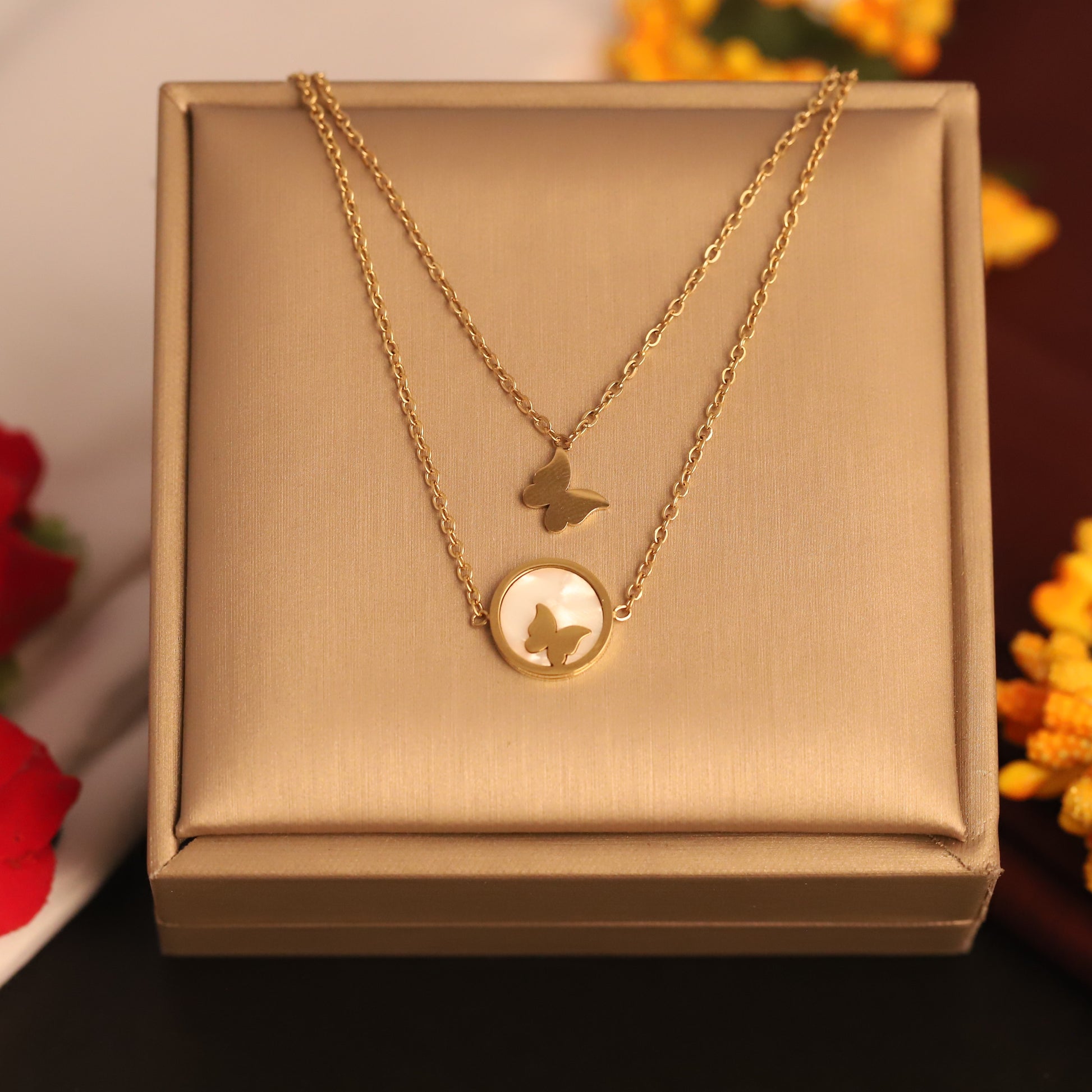 Elegant Gold Plated Butterfly Pendant Necklace – Layered Dual Chain Design - ZIPPORY