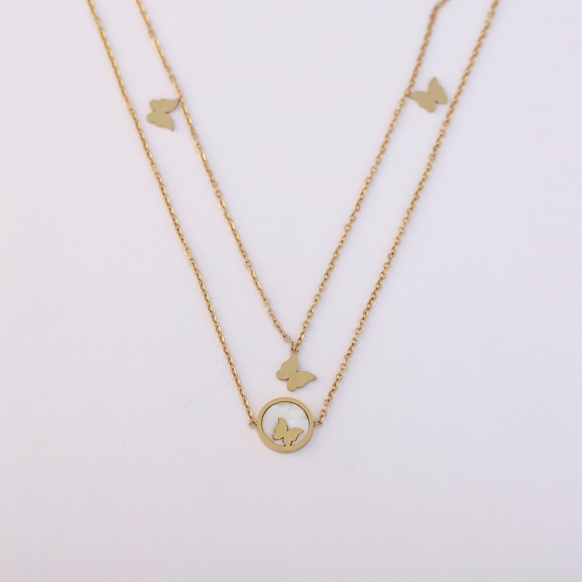 Elegant Gold Plated Butterfly Pendant Necklace – Layered Dual Chain Design - ZIPPORY