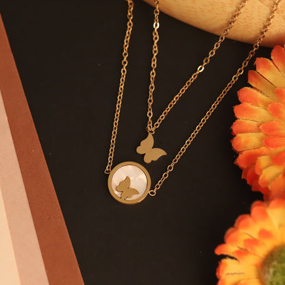Elegant Gold Plated Butterfly Pendant Necklace – Layered Dual Chain Design - ZIPPORY