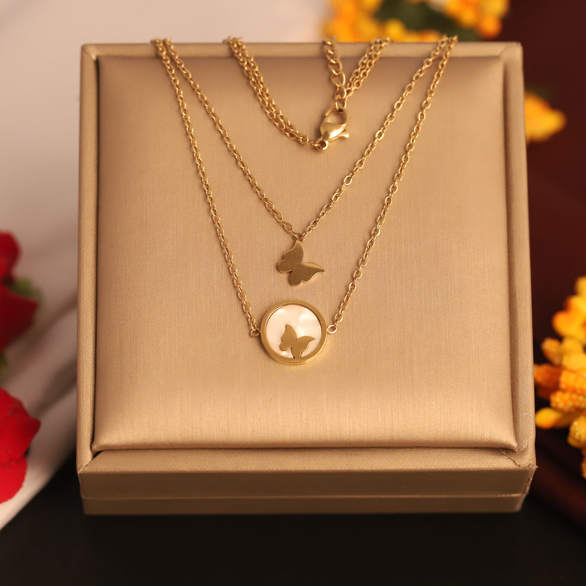 Elegant Gold Plated Butterfly Pendant Necklace – Layered Dual Chain Design - ZIPPORY