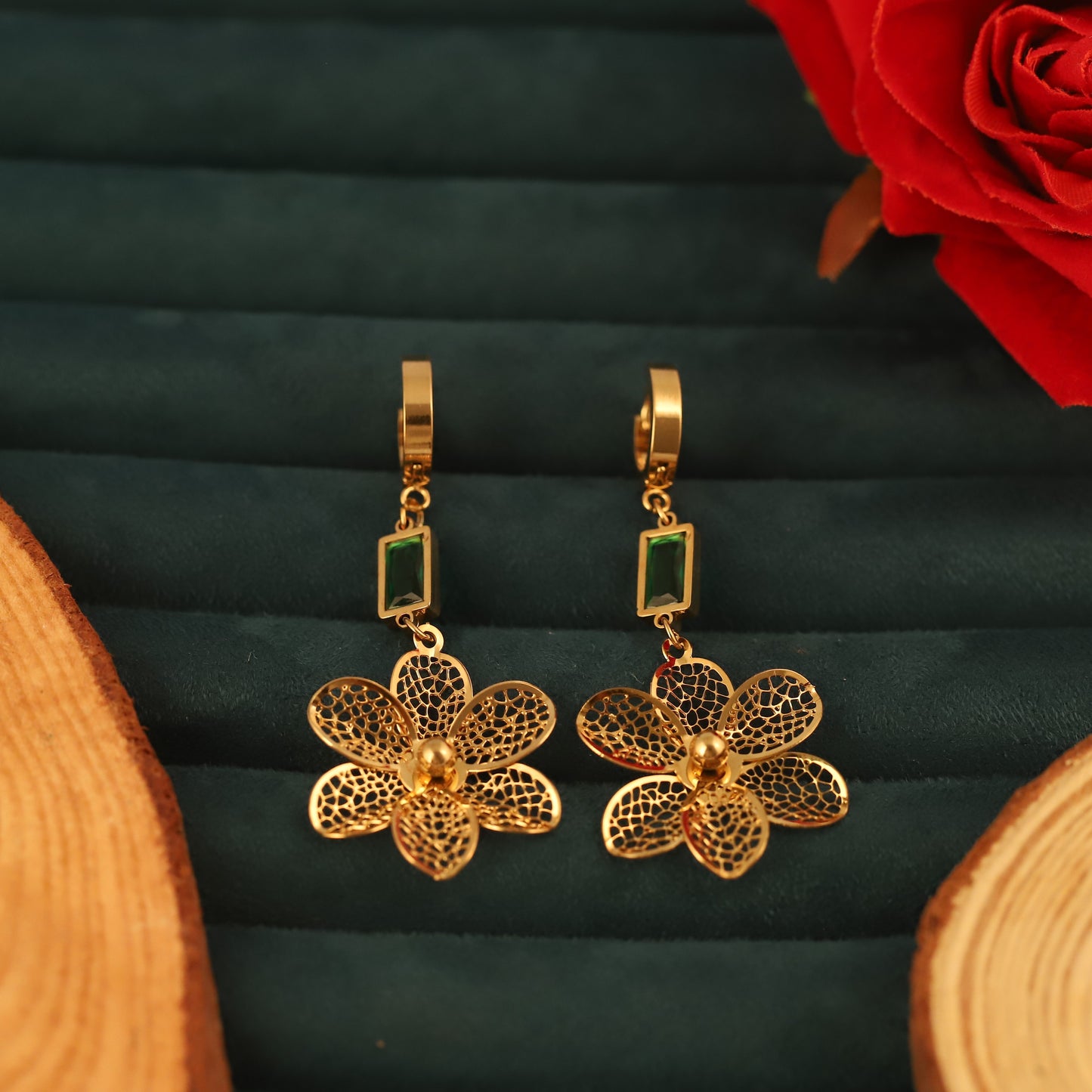 Emerald Gold Flower Korean Style Hoop Drop Earrings - ZIPPORY
