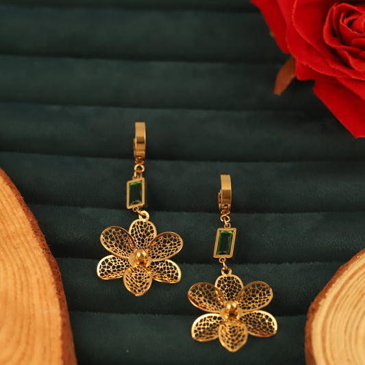 Emerald Gold Flower Korean Style Hoop Drop Earrings - ZIPPORY