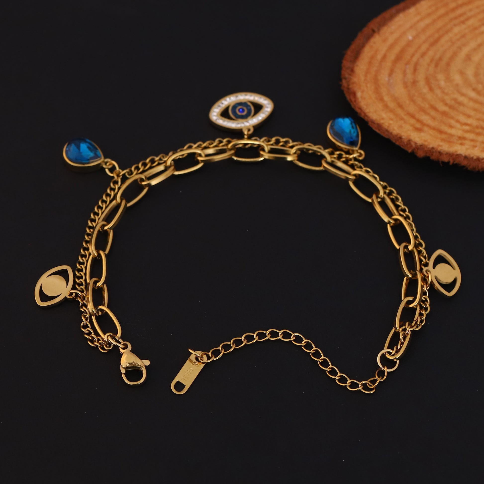 Evil  Eye Gem Double Chain Gold Bracelet - ZIPPORY