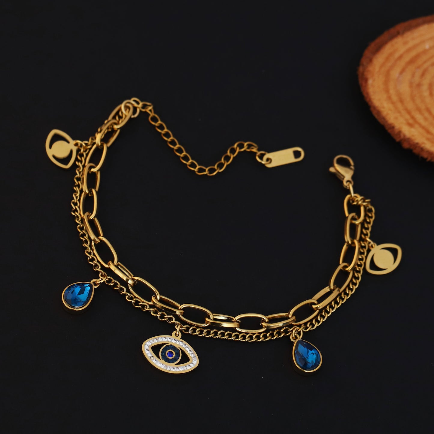 Evil  Eye Gem Double Chain Gold Bracelet - ZIPPORY