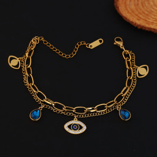 Evil  Eye Gem Double Chain Gold Bracelet - ZIPPORY