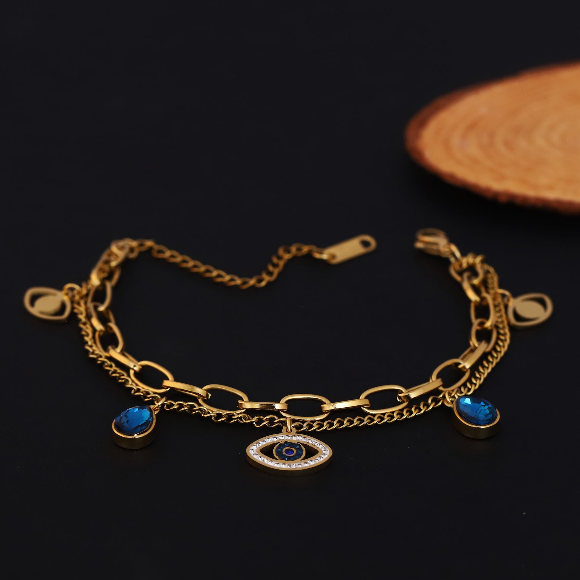 Evil  Eye Gem Double Chain Gold Bracelet - ZIPPORY