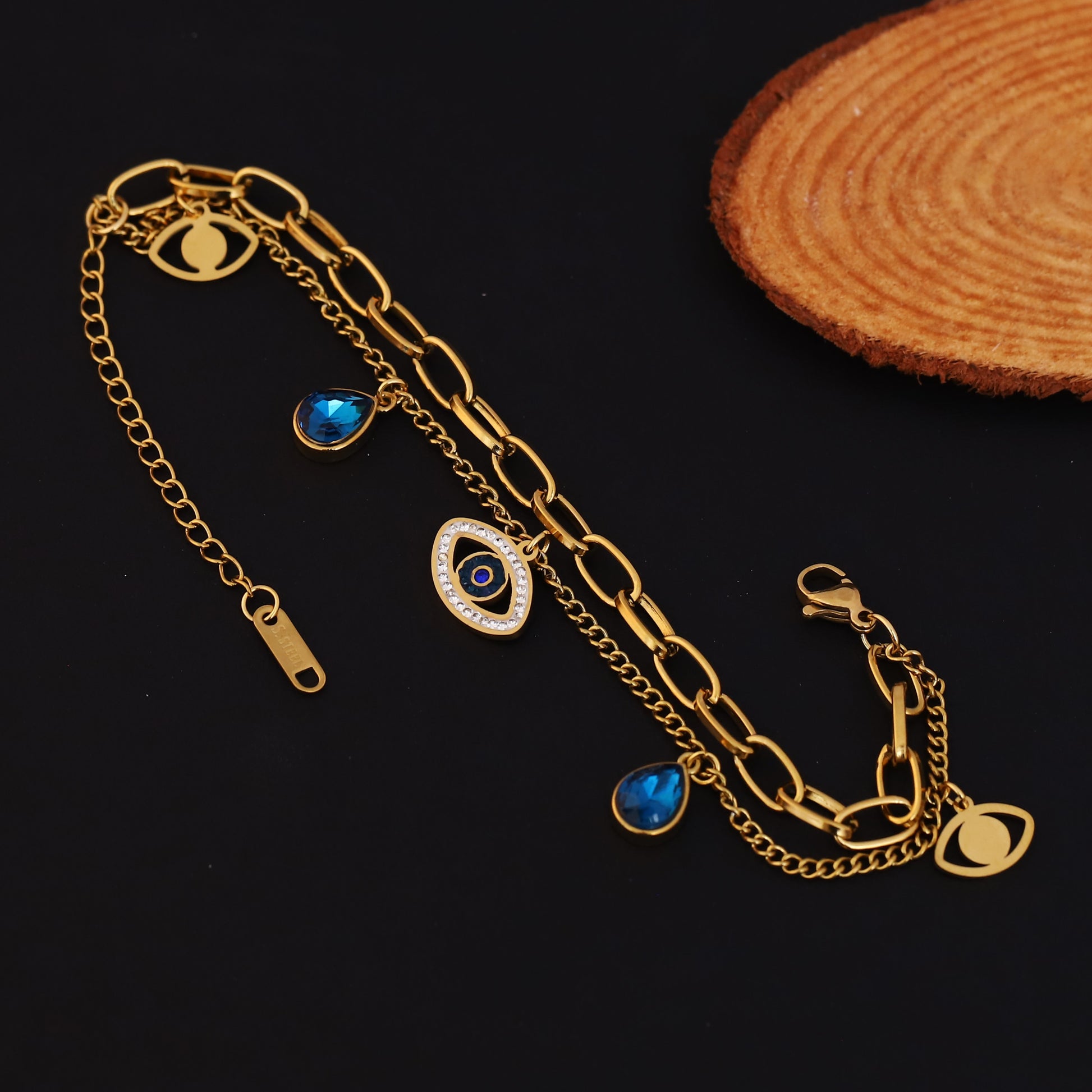 Evil  Eye Gem Double Chain Gold Bracelet - ZIPPORY