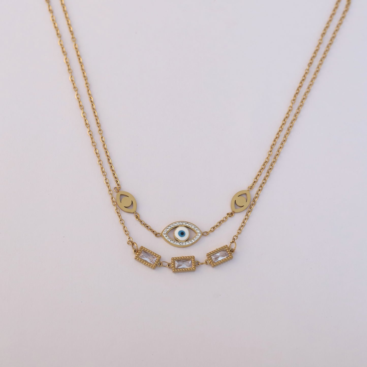 Gold Plated Evil Eye & Crystal Layered Necklace - ZIPPORY