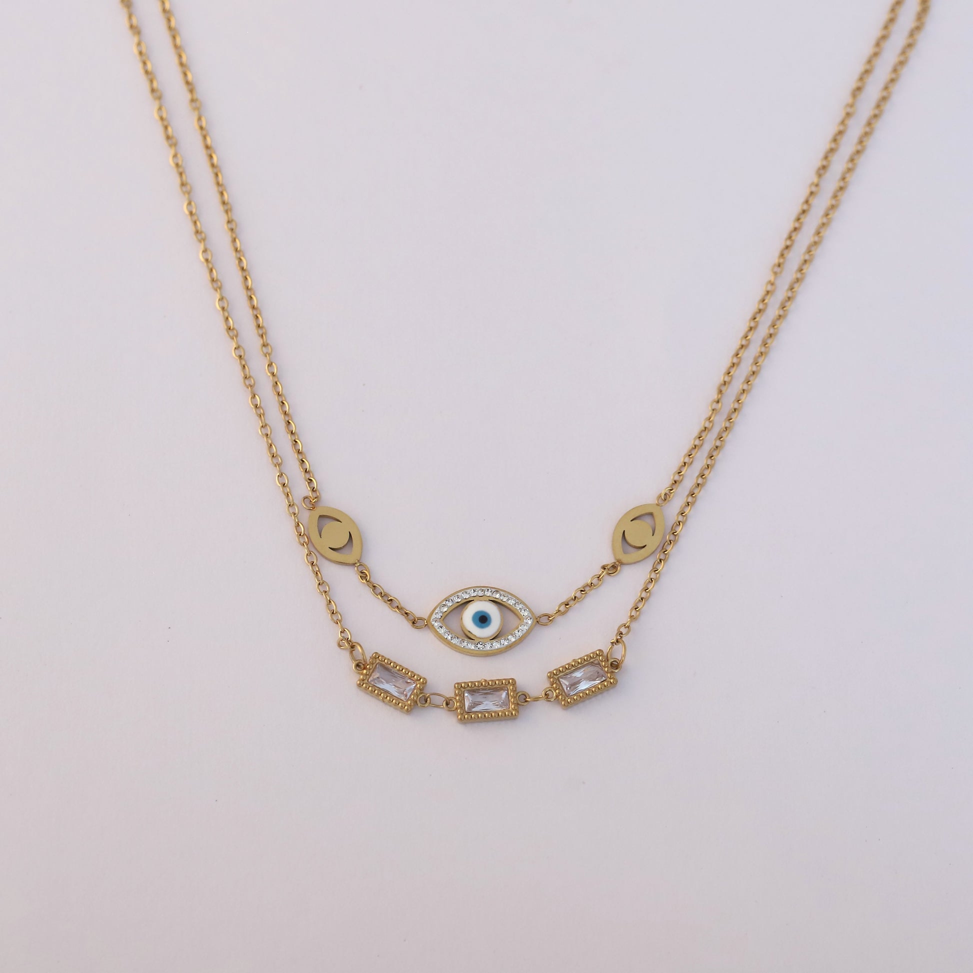 Gold Plated Evil Eye & Crystal Layered Necklace - ZIPPORY