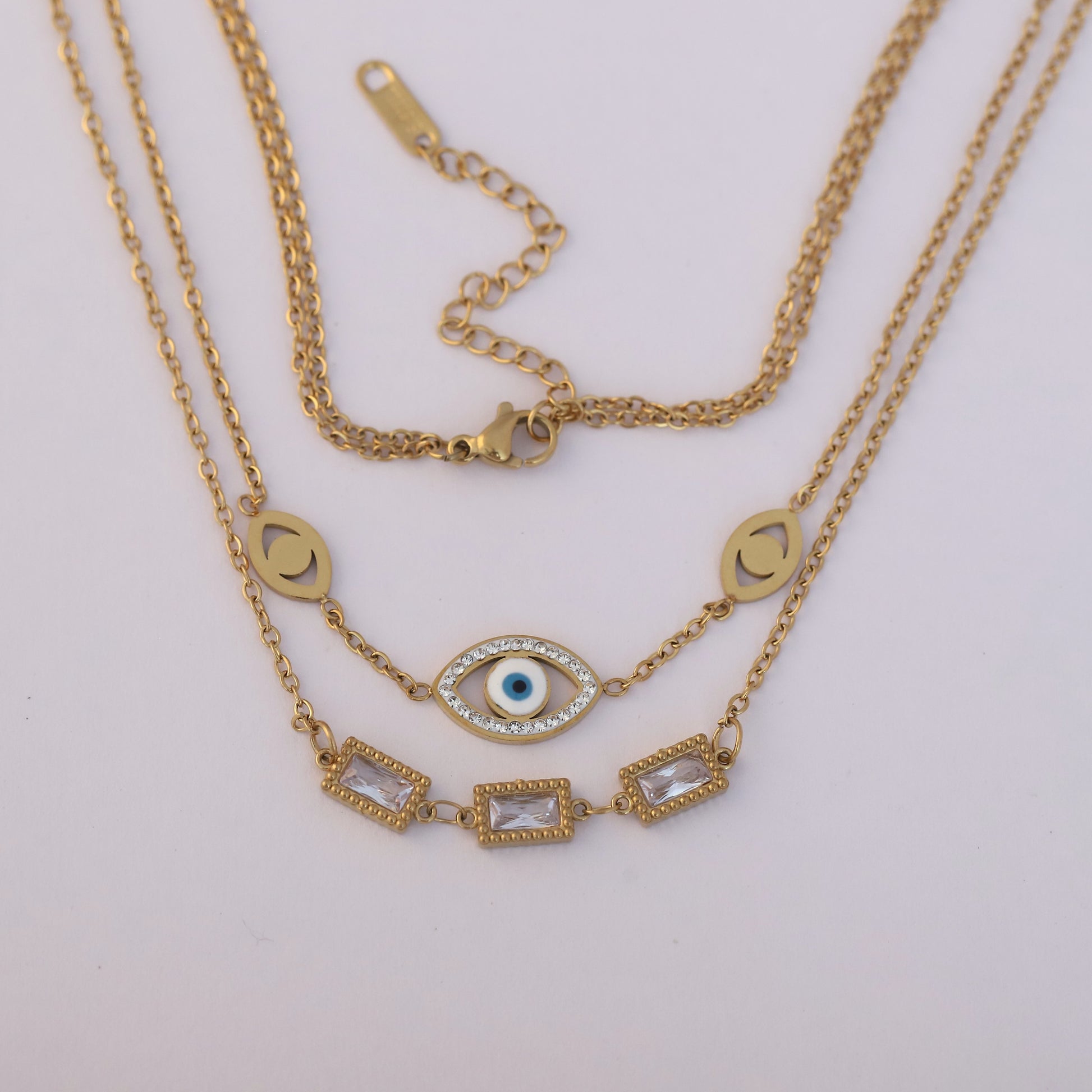 Gold Plated Evil Eye & Crystal Layered Necklace - ZIPPORY