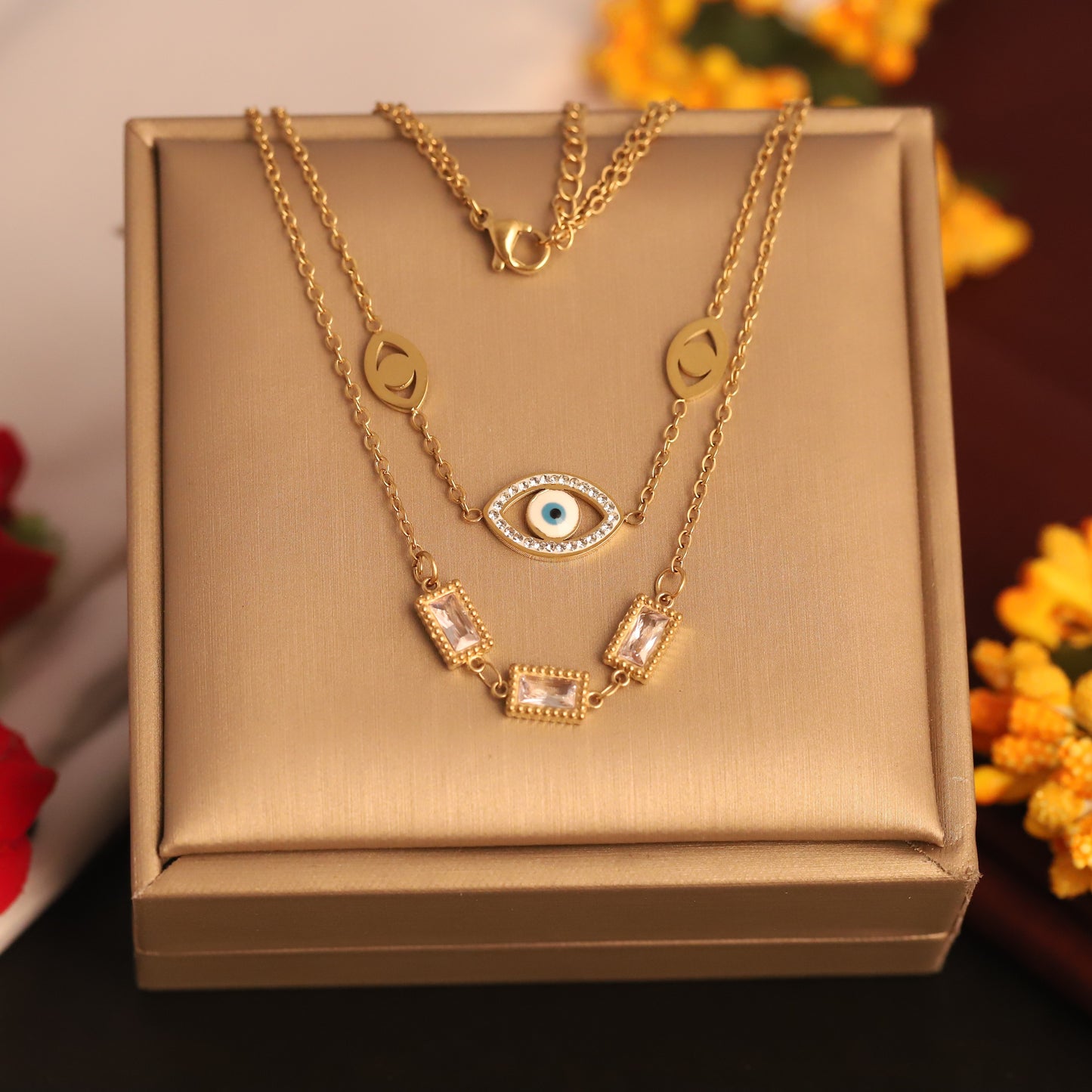 Gold Plated Evil Eye & Crystal Layered Necklace - ZIPPORY
