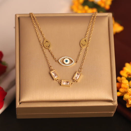 Gold Plated Evil Eye & Crystal Layered Necklace - ZIPPORY