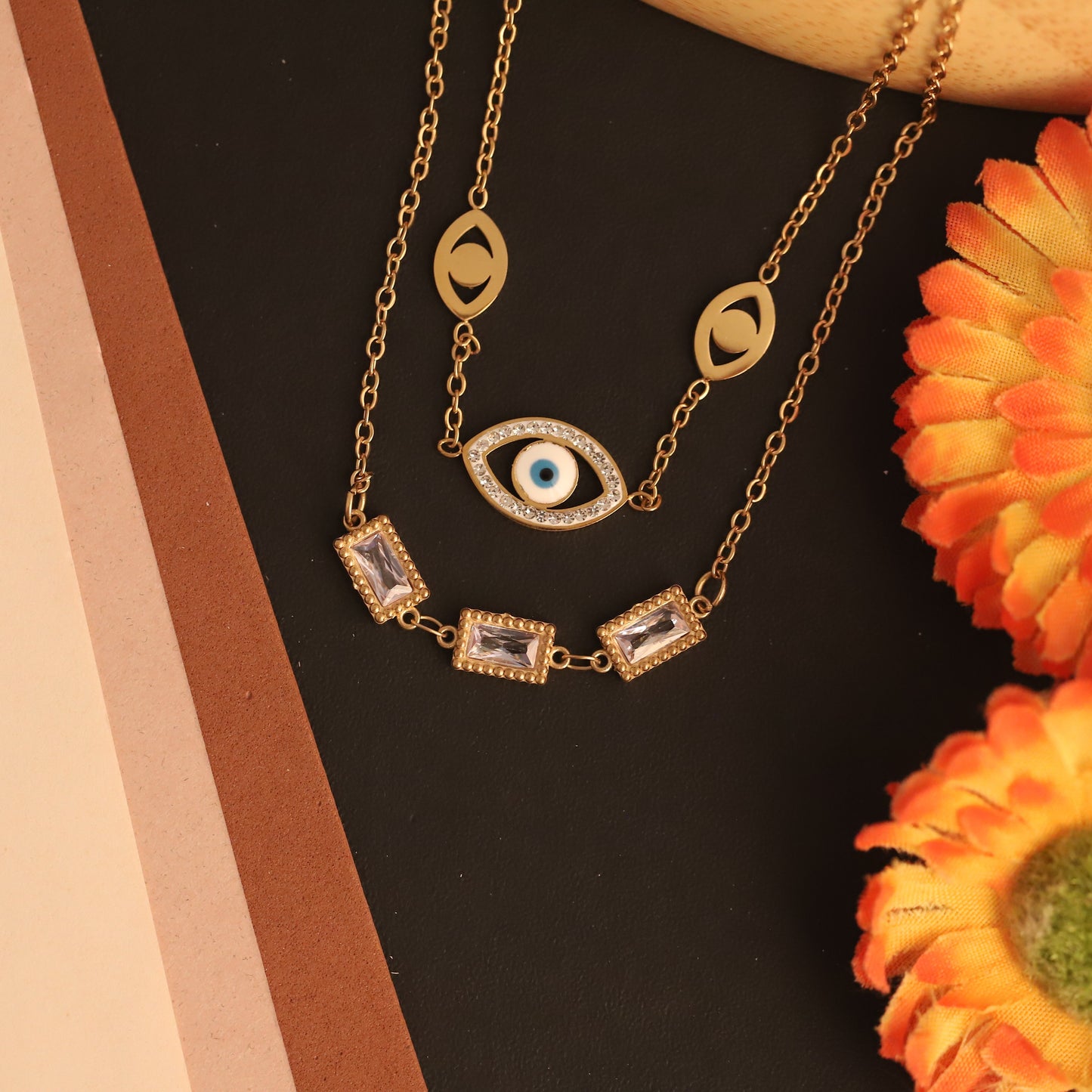 Gold Plated Evil Eye & Crystal Layered Necklace - ZIPPORY