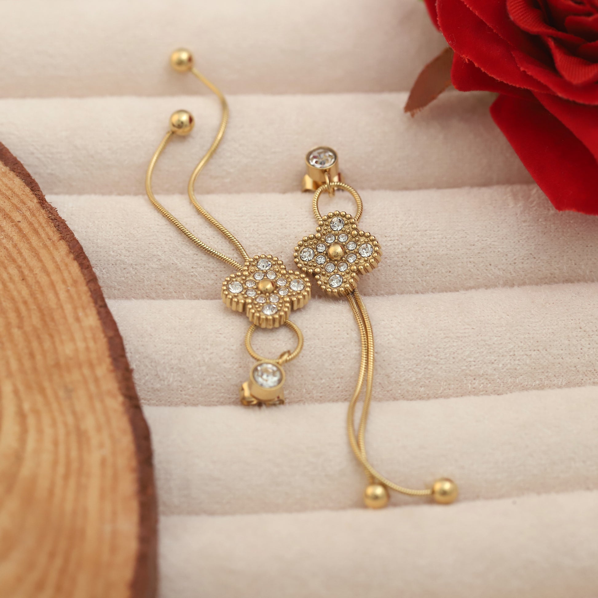 Gold Tone Crystal Studded Elegant Long Chain Drop Danglers Earrings - ZIPPORY
