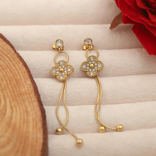 Gold Tone Crystal Studded Elegant Long Chain Drop Danglers Earrings - ZIPPORY