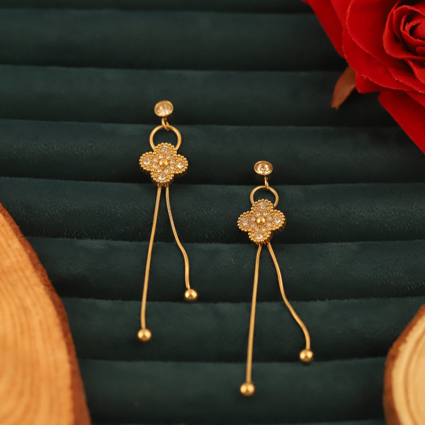 Gold Tone Crystal Studded Elegant Long Chain Drop Danglers Earrings - ZIPPORY