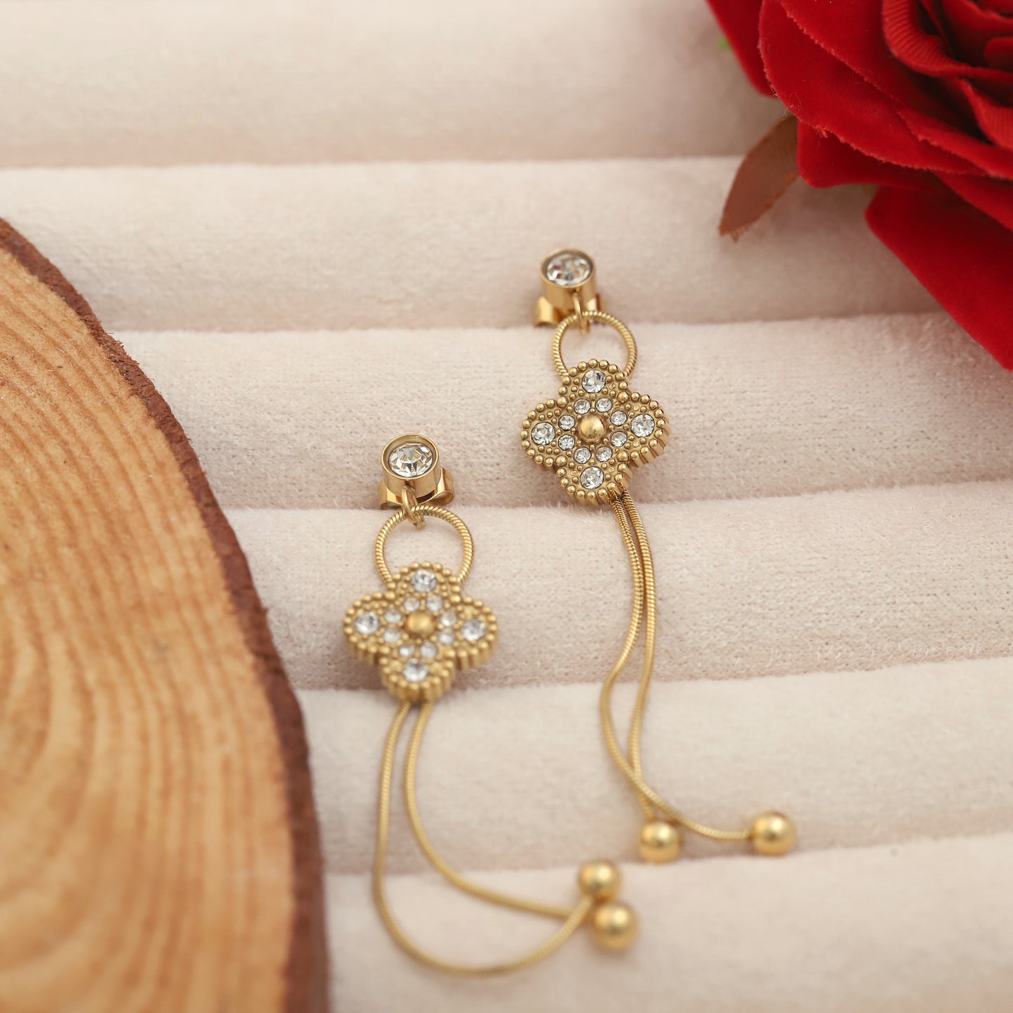 Gold Tone Crystal Studded Elegant Long Chain Drop Danglers Earrings - ZIPPORY