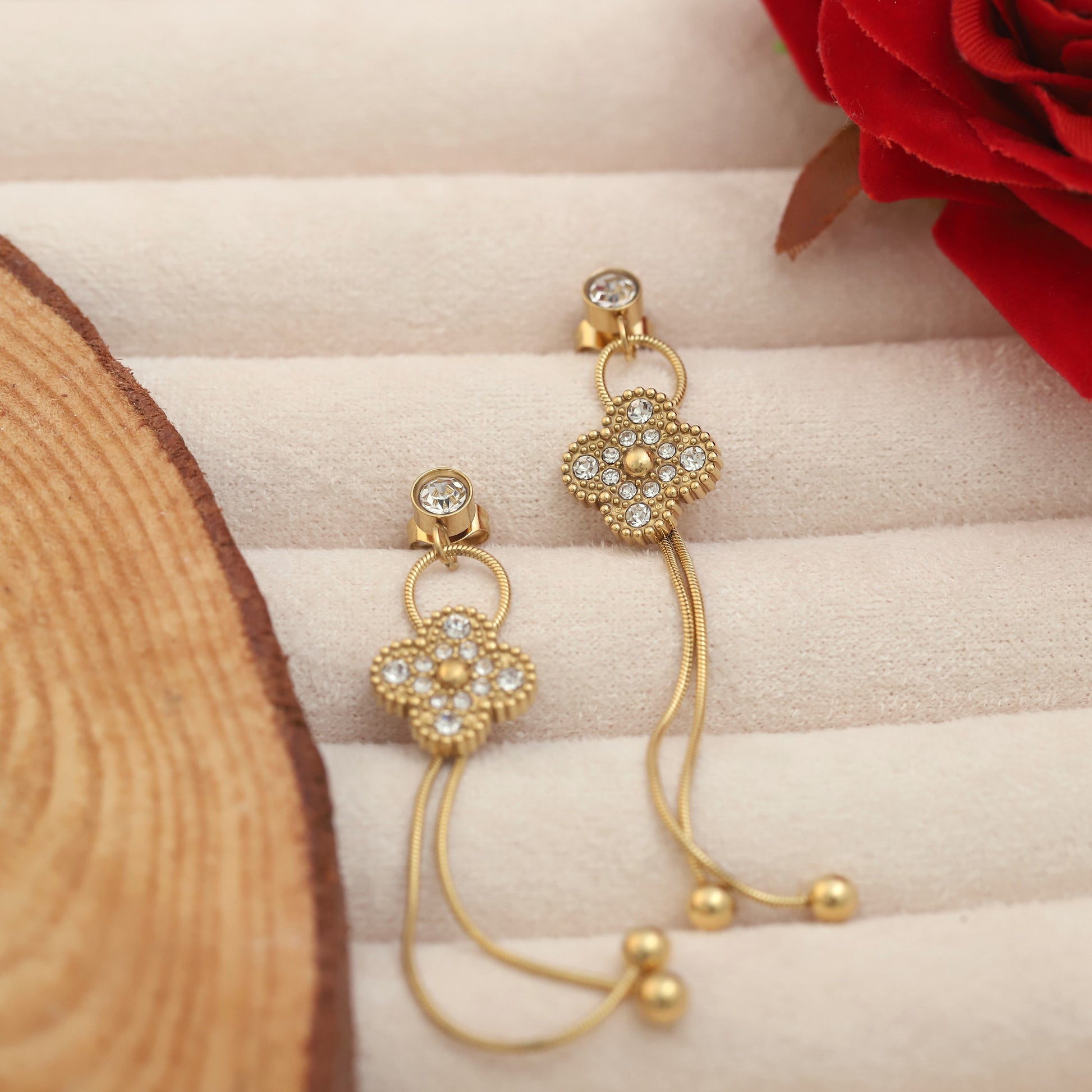 Gold Tone Crystal Studded Elegant Long Chain Drop Danglers Earrings - ZIPPORY