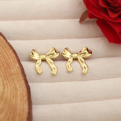 Korean Bow Ribbon Studded Drop Earrings - ZIPPORY