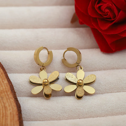 Korean Gold Plated Flower Huggie Hoop Hanging Earrings - ZIPPORY